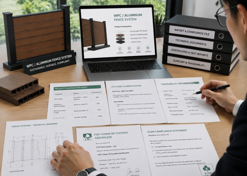 Sistema de valla de aluminio WPC con documentos de cumplimiento, dibujos t&eacute;cnicos y archivos de trazabilidad.