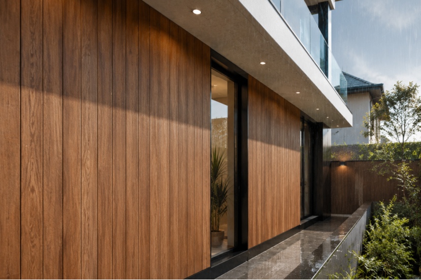 Revestimiento de pared de WPC con vetas de madera en una fachada exterior residencial moderna